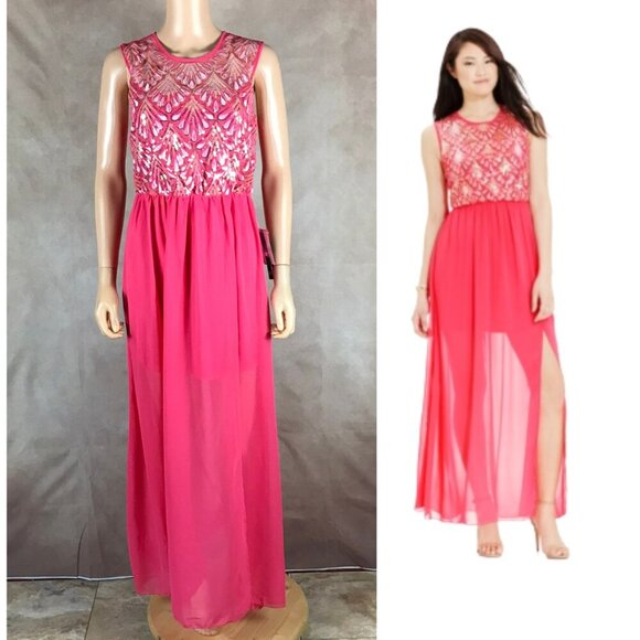 AS U WISH Juniors' Passion Pink Chiffon Sequined Maxi Dress NWT 9 - Picture 1 of 9